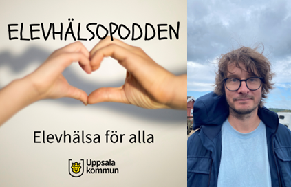 Bild som visar Elevhälsopoddens logga samt porträtt på Manne Gerell i högerkant.
