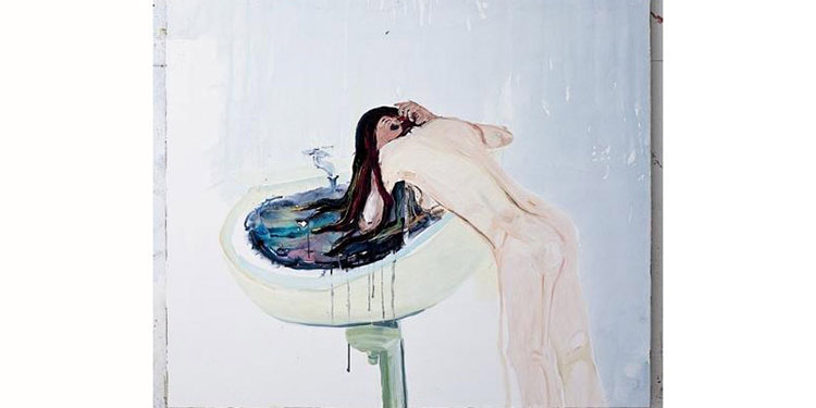 Målning av kvinna som sköljer håret i handfat